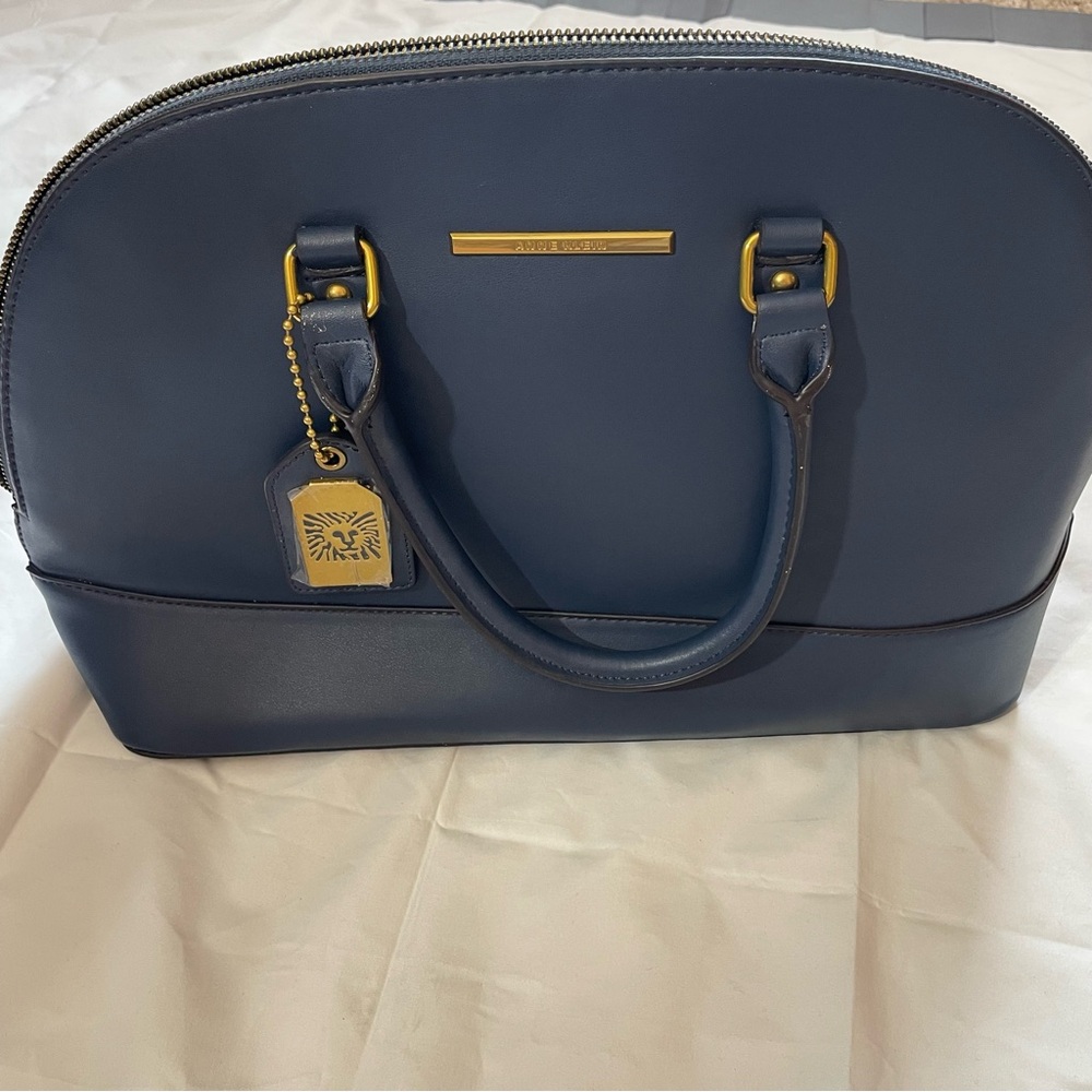Anne Klein Navy Blue Dome Satchel with Gold Hardware
